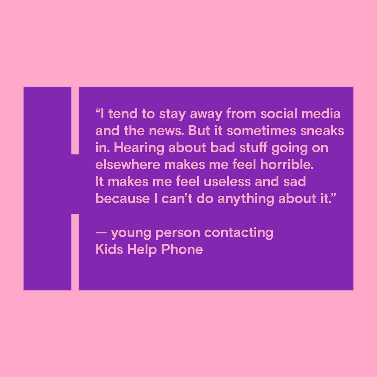 KidsHelpPhone's tweet photo. Current events can be difficult to process and may lead to feelings like hopelessness, fear, sadness or isolation. Our Peer-to-Peer community is a safe space developed for youth, by youth, to let those feelings out. Visit https://t.co/uBBJ7FrsCL to explore the community. https://t.co/YtfaTZaP6f
