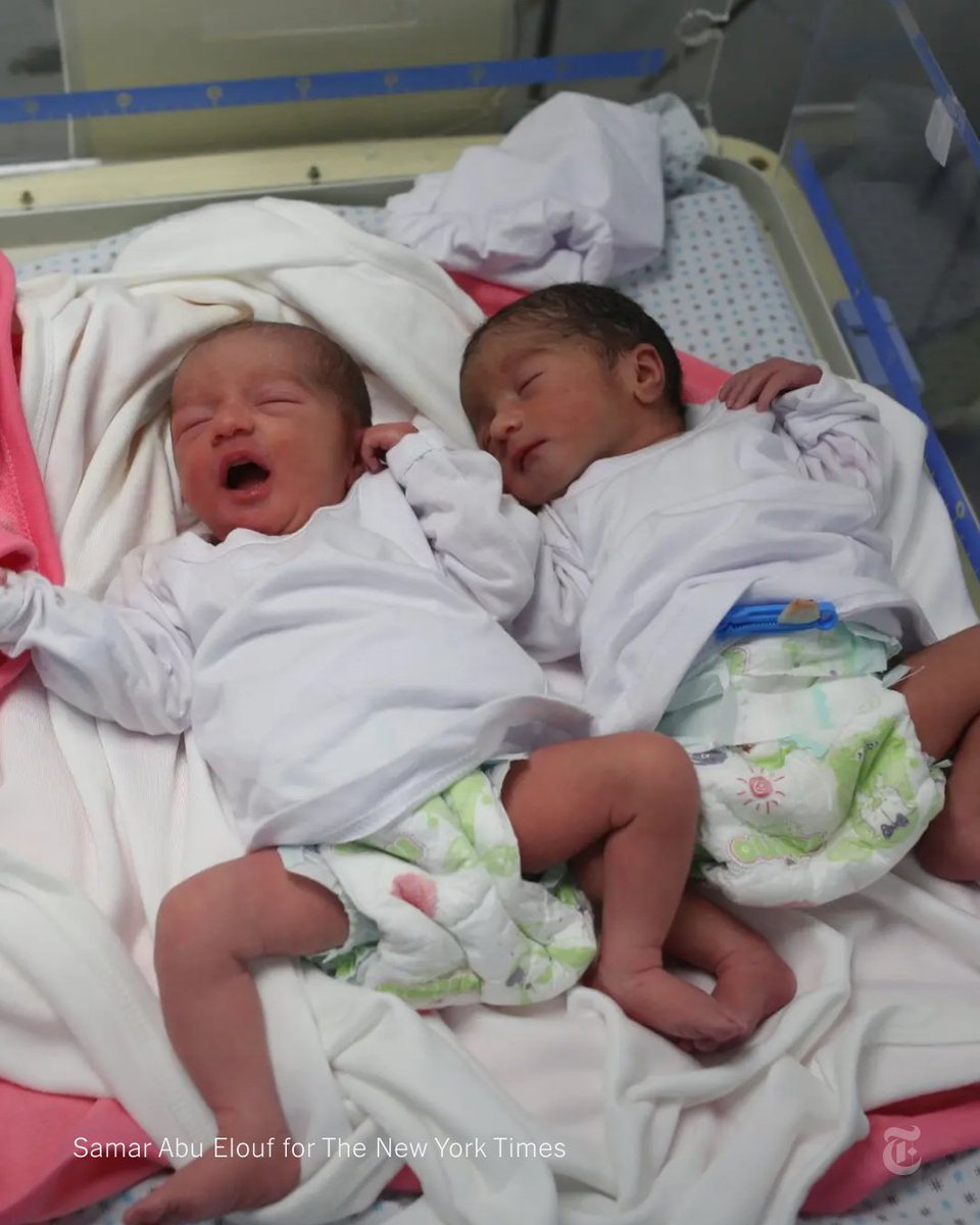 Twin girls, Nuha and Fatina, were born in a collapsing hospital in southern Gaza on Saturday, days after their mother had to leave another struggling health center in the north. Her babies were born prematurely and need formula, but water is scarce. nyti.ms/3Fi4jAL