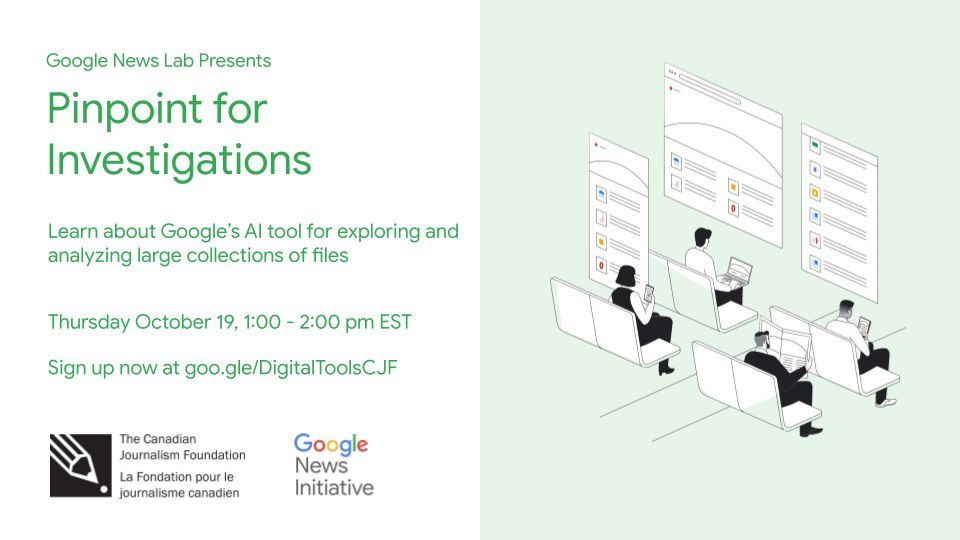 cjffjc's tweet image. Working with big data for in-depth investigative stories? 

Join @GoogleNewsInit’s Pinpoint for Investigations on Oct. 19, 1 p.m. E.T. Learn how to search and analyze large collections of files, and transcribe audio and video using the AI tool. Register: buff.ly/3LidpkE