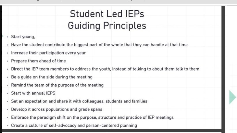 StudentLedIEP's tweet image. 👇This!  #StudentLed IEP mtg principles! 
1⃣ Prep with students ahead of time
2⃣ Increase student participation every yr
3⃣"Embrace a paradigm shift of the purpose, structure and practice of #IEP mtgs."  Predictor of #PostSecondary success!
Thx @tracyscottkelly &amp;amp; @CATA_transition