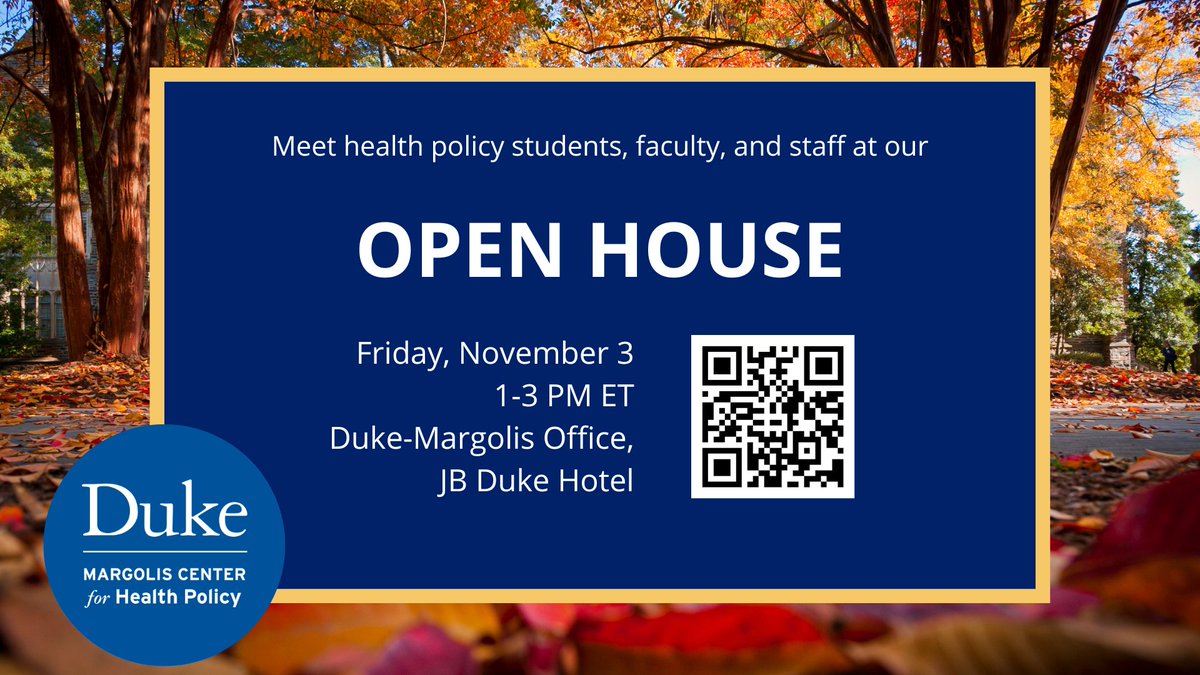 DukeMargolis's tweet photo. Duke's Family Weekend is around the corner! On November 3, stop by our open house between 1-3 PM ET to learn more about our research and educational initiatives and meet our students, faculty, and staff. https://t.co/yqWCRVtqYh
