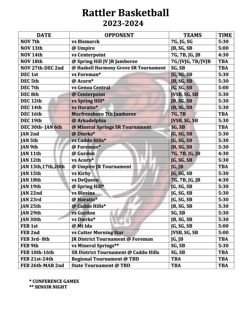spcsdrattlers's tweet photo. The 2023-2024 Basketball Schedule and the Red and White Night Information.  The Offseason senior boys will scrimmage on the Red and White Night this season as well.   #GoRattlers https://t.co/iCQ8xdjS2n