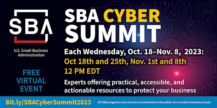 🔜 In 2 days! Dive into <a href="/SBAgov/">SBA</a>'s Cyber Summit 2023, tailored for small business owners—launching Oct. 18!
💡 Elevate your cybersecurity game
🔐 Master latest defense tactics
🛠 Arm your business against threats
💼 Connect w/ industry pros &amp; SMB peers
🔗 bit.ly/SBACyberSummit…