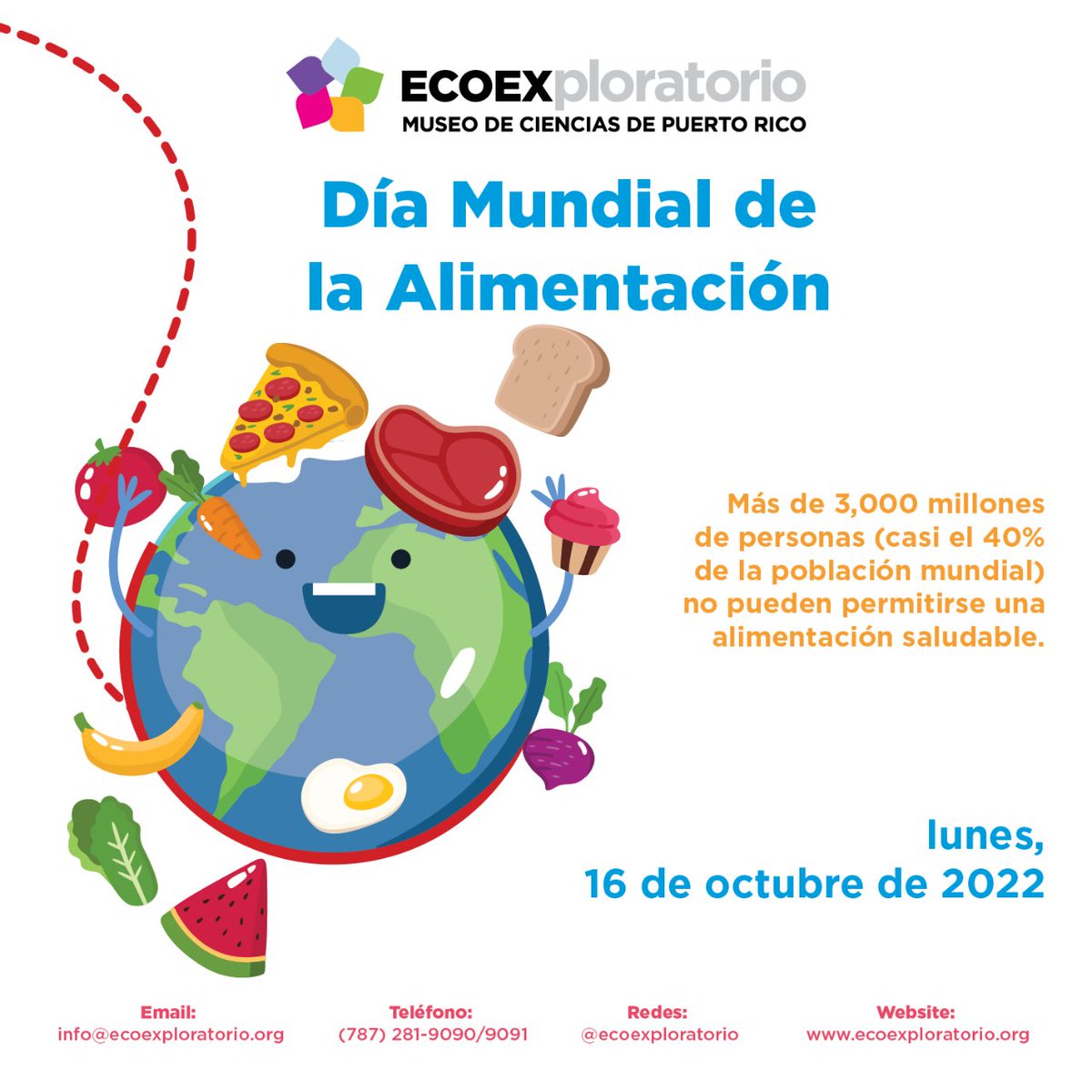 ECOEXPLORATORIO's tweet photo. ¡Celebremos el Día Mundial de la Alimentación! Más de 3,000 millones de personas (casi el 40% de la población mundial) no pueden permitirse una alimentación saludable.

#EcoExploratorio #MuseoDeCiencias #AlimentacionMundial #Alimentacion https://t.co/15zaJhWY0s