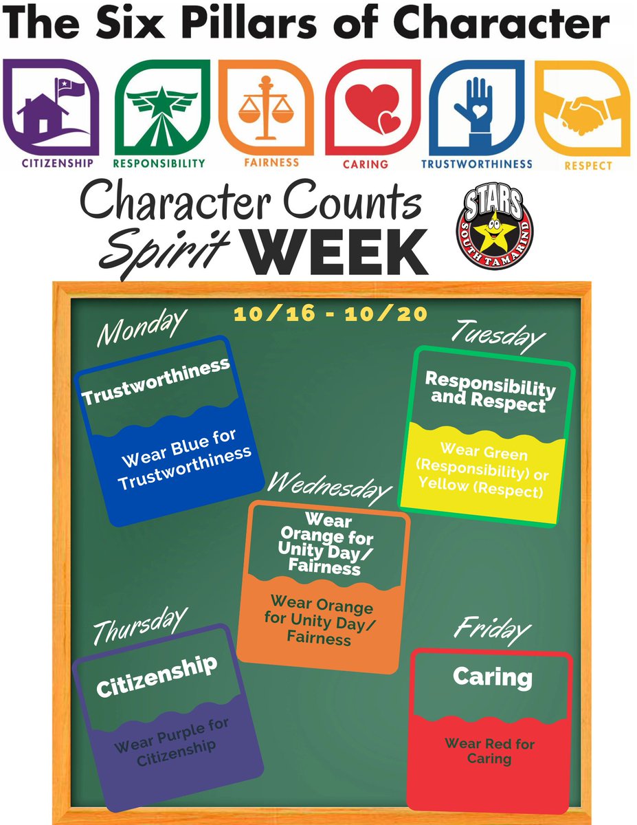 This week is Character Counts Spirit Week! Make sure to dress up and represent the six pillars!