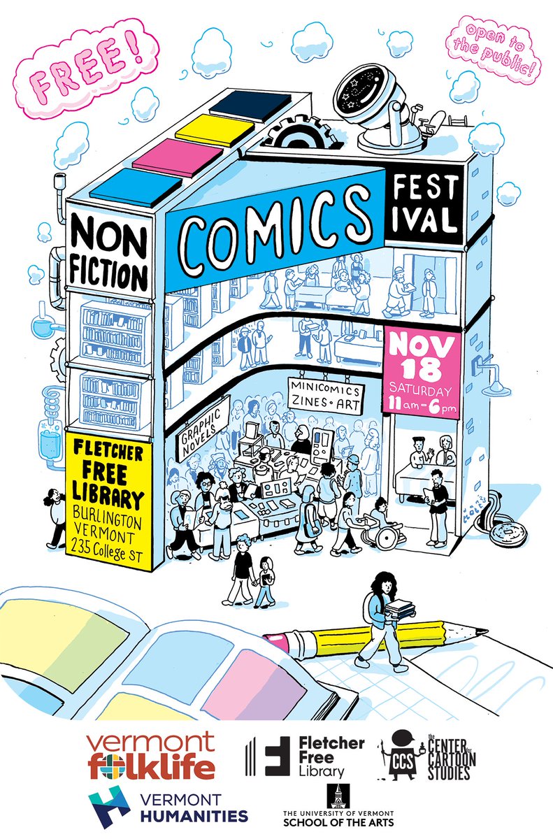 NFCF 2023 is happening SO SOON! We have some updates for you... Check out this AMAZING poster by Upper Valley cartoonist, <a href="/dan_nott/">Dan Nott</a>! (Dan won't be in attendance at this year's festival due to being honored at The National Book Awards for his graphic novel, Hidden Systems!)