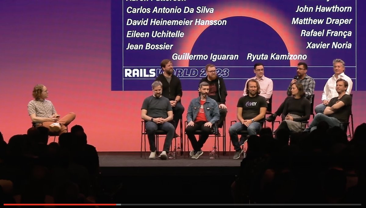 Hey there! 🚀 I recently hosted a fun AMA with 10 out of 12 Rails Core team members at #RailsWorld 2023 in Amsterdam. We covered several topics about how the team collaborates and approaches decisions during the session. The video is now available at youtube.com/watch?v=9GzYoU…