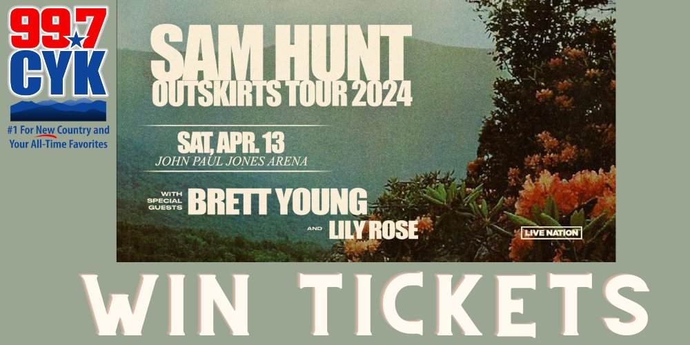 Here we go again!☀️<a href="/SamHuntMusic/">Sam Hunt</a> is bringing the #OutskirtsTour2024 with <a href="/BrettYoungMusic/">Brett Young</a> and <a href="/Lily_Rose_Music/">L I L Y R O S E</a> to <a href="/JPJArena/">John Paul Jones Arena</a> #Charlottesville Saturday 4/13! Tickets go on sale Friday 10/20 at 10am here: bit.ly/SamHuntJPJ24
