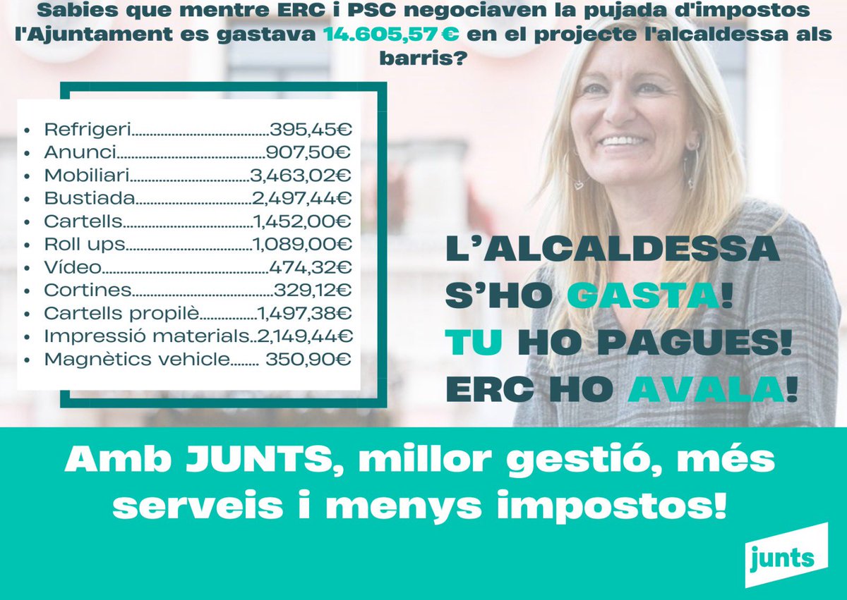 Sabies que mentre ERC i PSC negociaven la pujada d'impostos l'Ajuntament es gastava 14.605,57€ en el projecte "Alcaldia als Barris"?

És aquí on van a parar els nostres impostos?

L'Alcaldessa s'ho gasta. Tu ho pagues. ERC ho avala.

#rubicity
<a href="/JuntsRubi/">Junts Rubí</a>