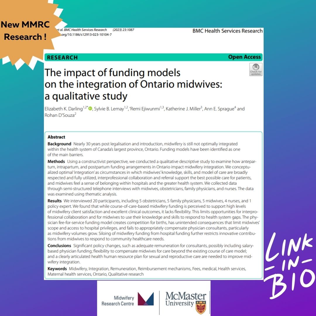 Excited to announce some new research from the MMRC!

The impact of funding models on the integration of Ontario midwives: a qualitative study by Liz Darling, Sylvie B. Lemay, Remi Ejiwunmi, Katerine J. Miller. Ann E. Sprague and Rohan D'Souza.

bmchealthservres.biomedcentral.com/articles/10.11…