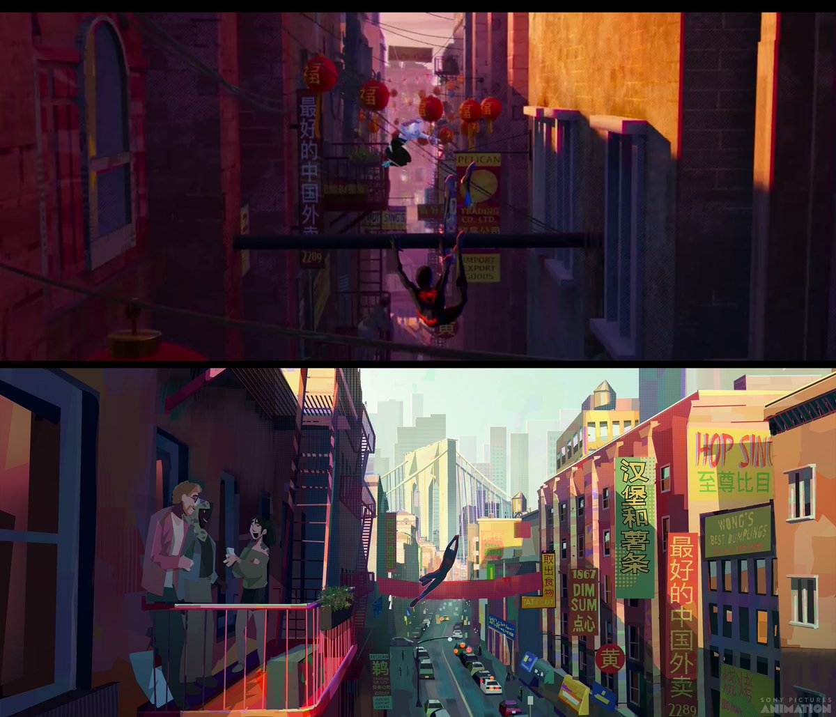 Part 3: With the Chinatown shot it was later cut from the beginning as there was a sequence with miles and Gwen swinging through.  #colorkey #visualdevelopment #colors #spiderman #acrossthespiderverse #sony #sonypicturesanimation #milesmorales #newyork #art #animationart #marvel