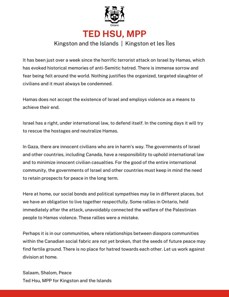 My statement on the ongoing conflict between Israel and Hamas ⬇️