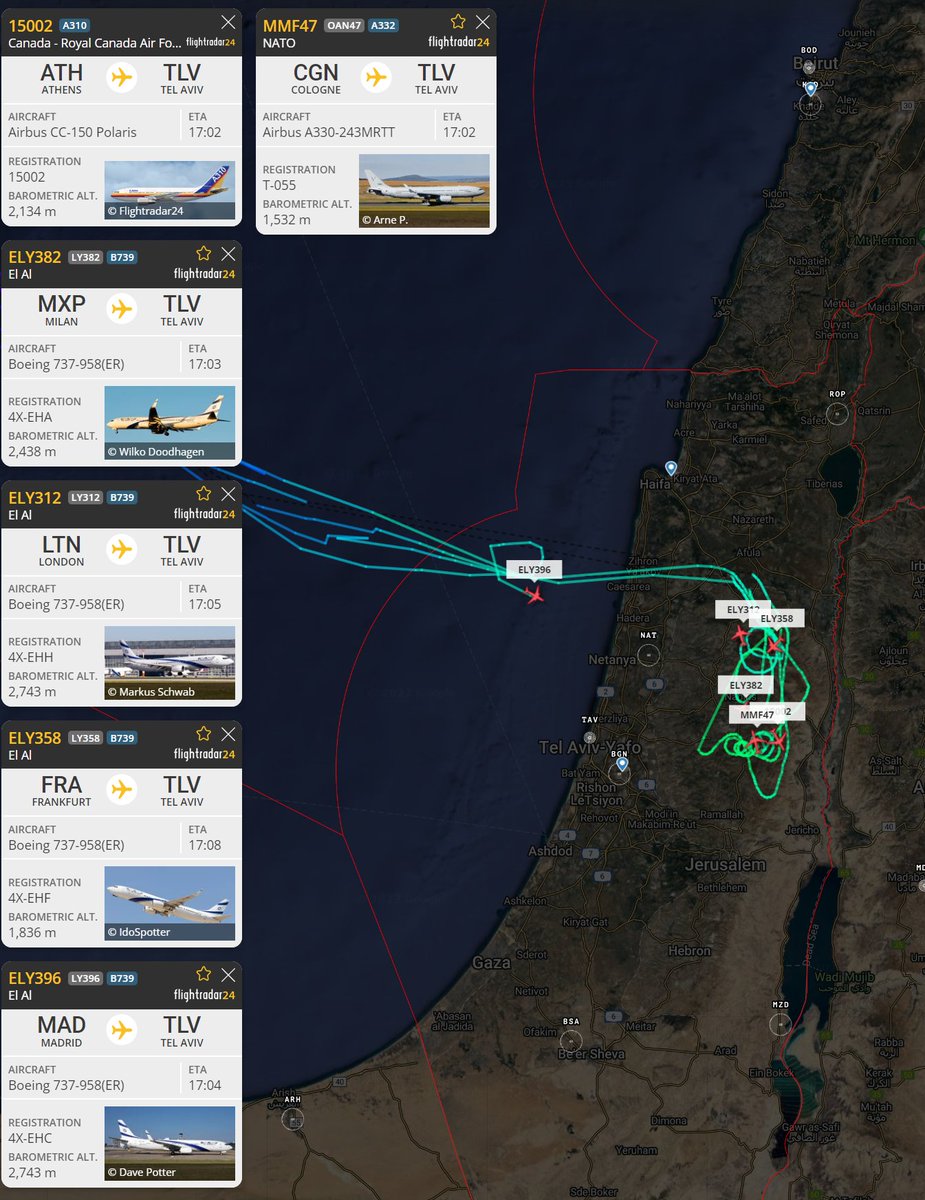 Nimras__'s tweet photo. In the latest rocket attack which targeted #Israel, multiple aircraft, including military, had to enter holding positions over Israel.
๐จ๐ฆ RCAF | Airbus CC-150 Polaris | 15002 | #C2B35F
NATO | Airbus A330 MRTT | T-055 | #480C41 | #MMF47 https://t.co/7uo6BdZbtW