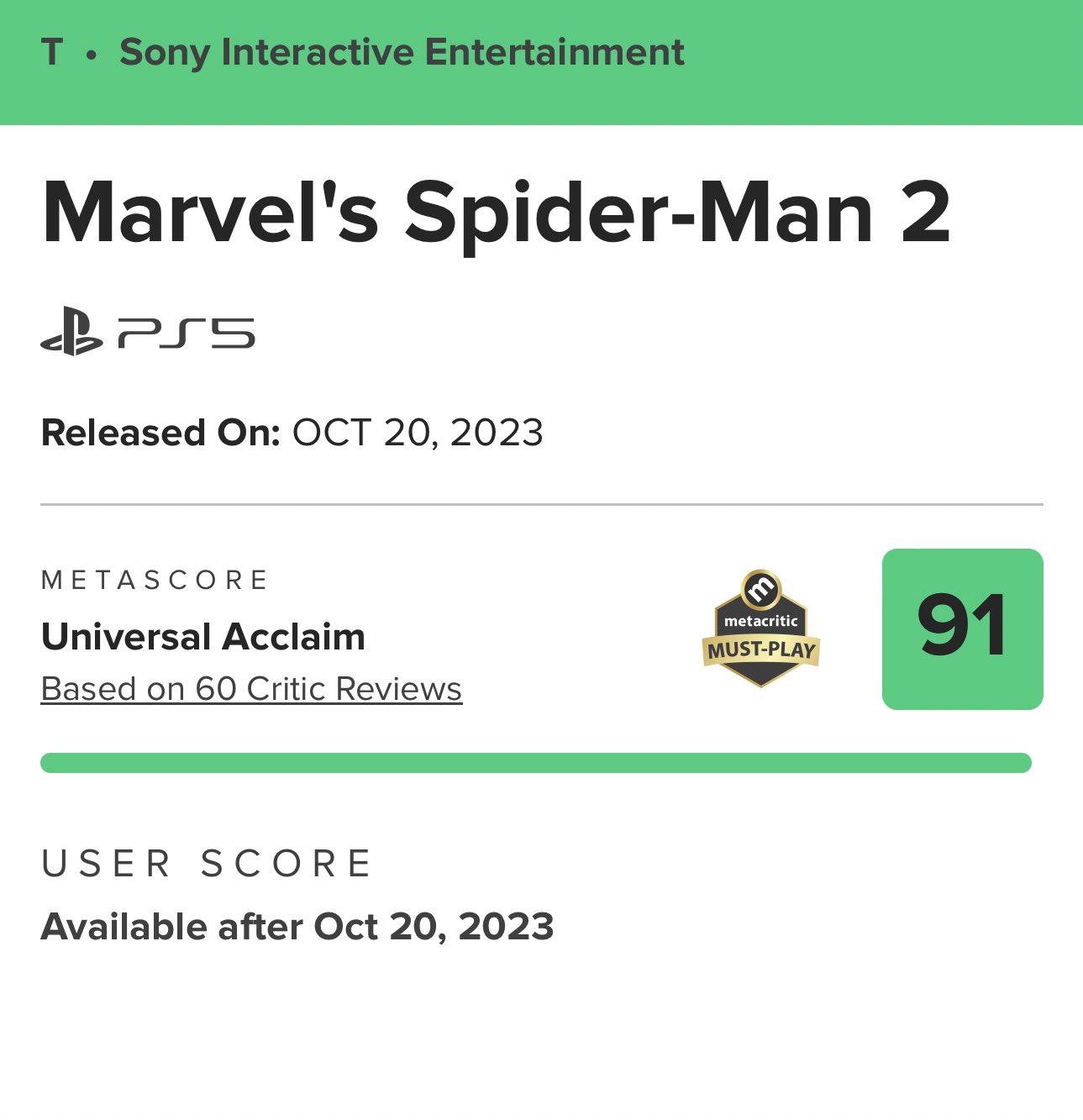 DomTheBomb on X: Marvel's Spider-Man 2 opens with a 91 on Metacritic!   / X