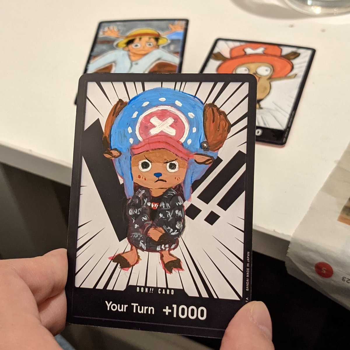 my friend and I painted some don cards for our friends that are playing the one piece tcg

chopper drip