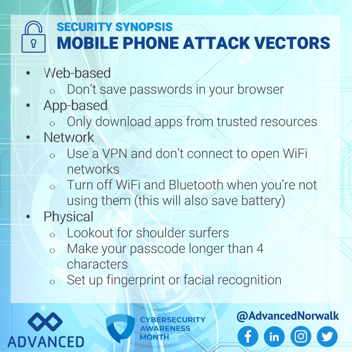 AdvancedNorwalk's tweet image. Your phone is vulnerable to four distinct attack vectors and is just as important to protect as your computer.
 
💻🛡️🌐

#cybersecurityawarenessmonth #securIT #techcellence #mobilesecurity #devicesecurity #cybersecurity #mspmonday