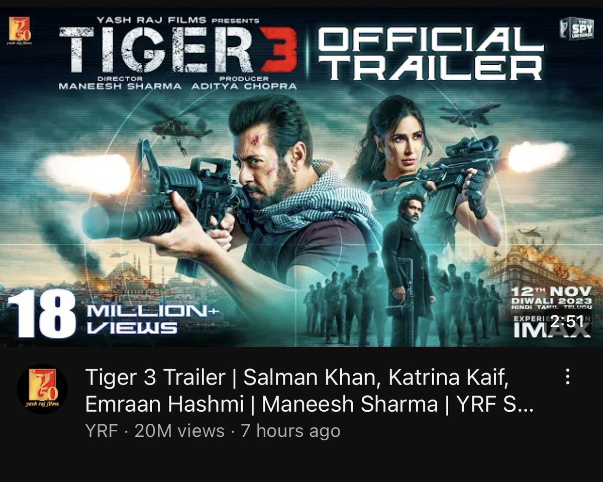 BeingHiteshShah's tweet photo. 🔥 Record Alert! 🚀

#Tiger3Trailer roars to a blazing 20 MILLION VIEWS and an unprecedented 1 MILLION LIKES in just 7 Hrs 35 Mins!

🐅💥 All-time history-making response! @BeingSalmanKhan's mega stardom lighting up the internet! 🌐🌟 #Tiger3 #SalmanKhan #BlockbusterTrailer 🎬🔝👏