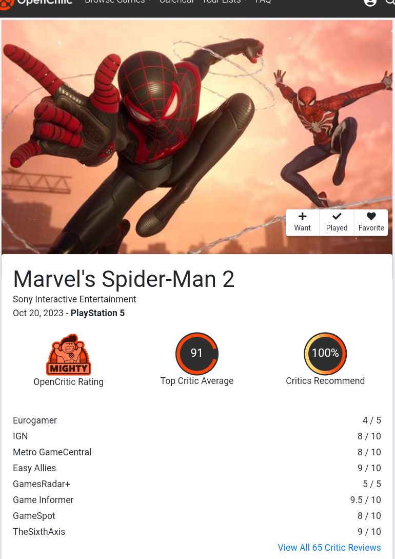 Indian Console Gamers on X: Spider-Man 2 PS5 review! - IGN: 8/10 -  Gamesradar: 5/5 - VGC: 5/5 - Eurogamer: 4/5 - GameSpot: 8/10 - PushSquare:  8/10 - VG247: 5/5 - PSUniverse: 10/10 - GamingNexus: 10/10 ✓ Metacritic: 91  ✓ OpenCritic: 91 #ICG #PS5India