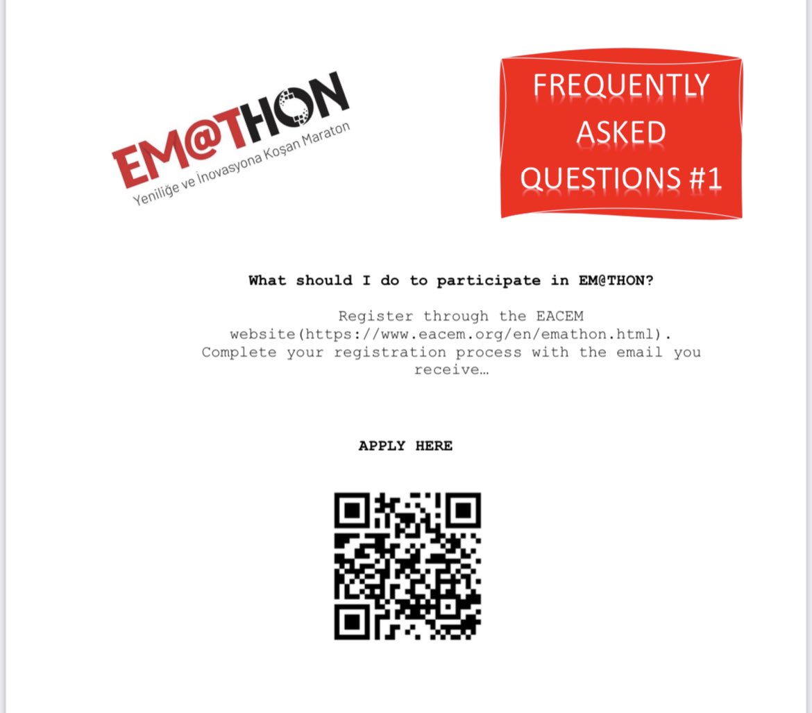 Frequently Asked Questions 1 

What should I do to participate in EM@THON?

Details 👉🏻 eacem.org/en

#EACEM2023 #AcilHayattır #EmergencyIsLife #sympocus #TATDUS <a href="/tatdkongre/">TATD KONGRE</a>
<a href="/tatdus/">Илдус Айсин</a> <a href="/TrTATD/">Türkiye Acil Tıp Derneği - TATD (EMAT)</a>