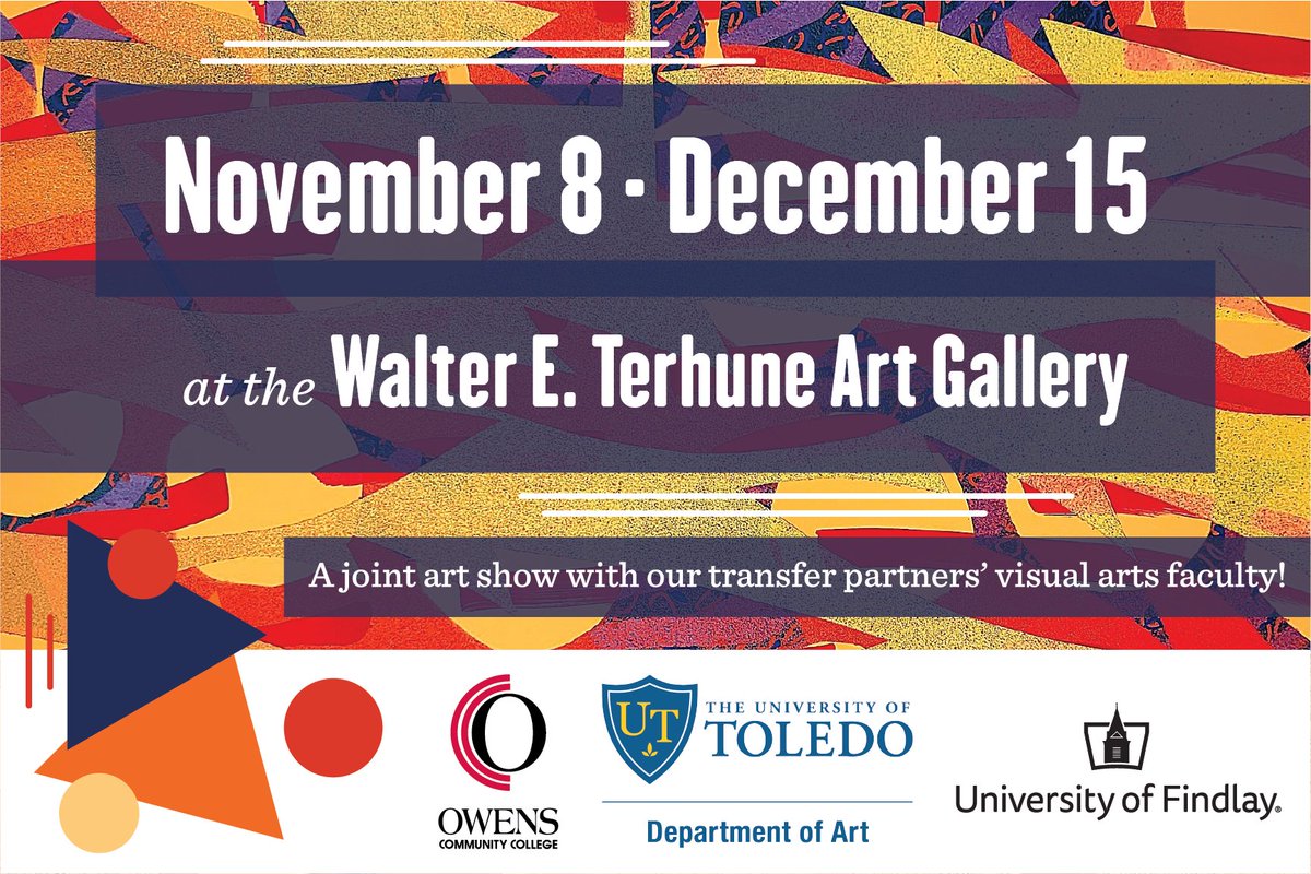 TerhuneGallery's tweet photo. We are thrilled to announce our next exhibition: The 2023 Express Partners Faculty Art Show, featuring OCC, The University of Toledo, and University of Findlay! The opening reception will be held Nov 8th at 5:00 PM in the Walter E. Terhune Art Gallery. We hope to see you there! https://t.co/aLSSoUo7jJ