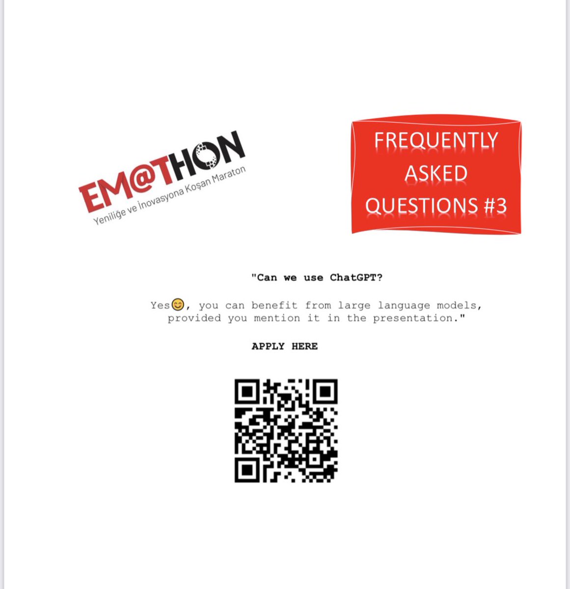 Frequently Asked Questions 3

Can we use ChatGPT?

Details 👉🏻 eacem.org/en

#EACEM2023 #AcilHayattır #EmergencyIsLife #sympocus #TATDUS <a href="/tatdkongre/">TATD KONGRE</a>
<a href="/tatdus/">Илдус Айсин</a> <a href="/TrTATD/">Türkiye Acil Tıp Derneği - TATD (EMAT)</a>