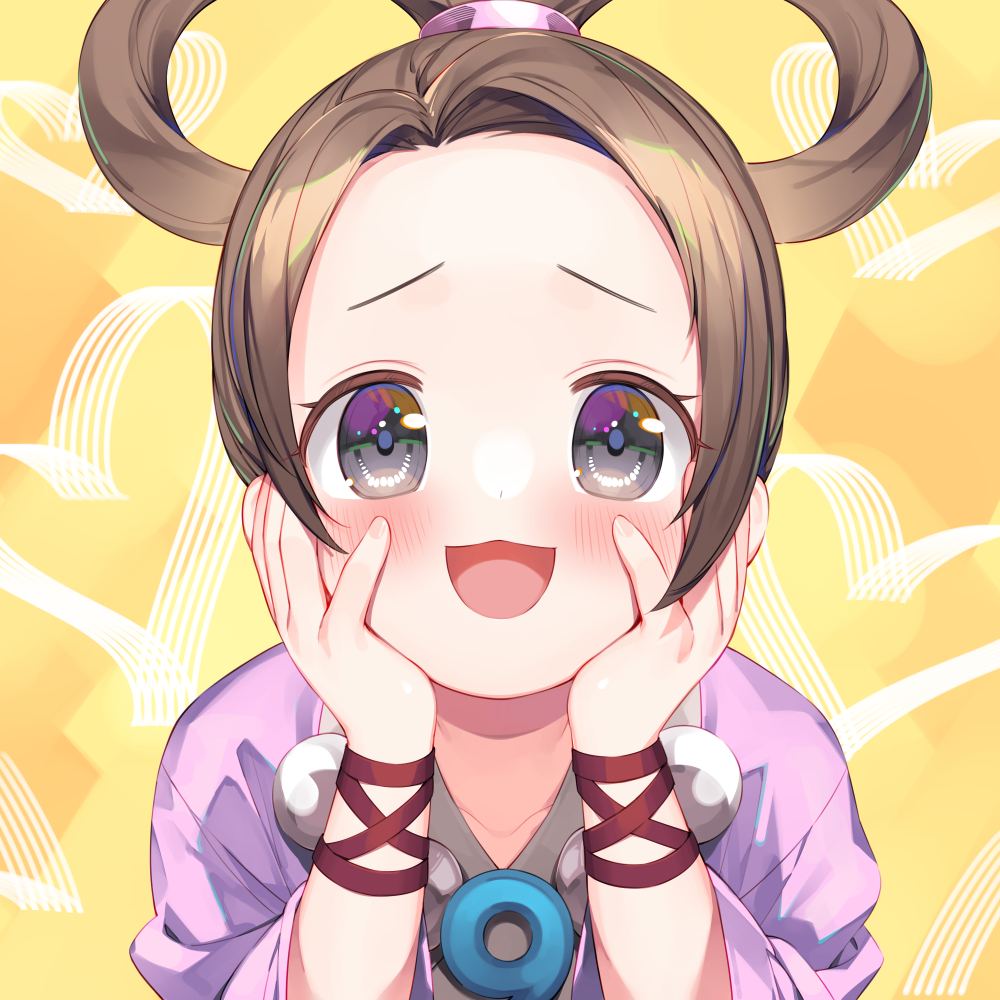 1girl magatama solo hands on own face open mouth brown hair blush  illustration images