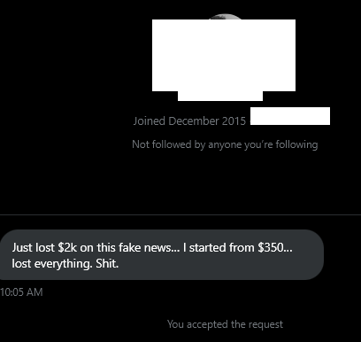 Crypto_Chase's tweet image. Some people don't realize that these fake headlines have real consequences. This isn't "PVP", it's insider manipulation / straight up scamming. While this person was obviously risking too much vs. portfolio, it's still completely unfair. They don't deserve to lose in this manner.