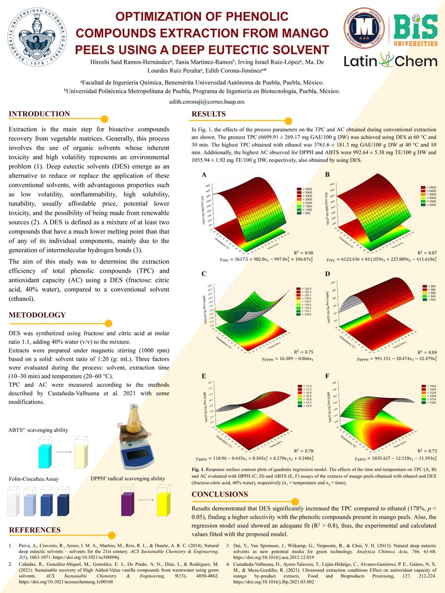 Hello (: I'm thrilled to share our work "Optimization of phenolic compounds extraction from mango peels using a deep eutectic solvent" <a href="/LatinXChem/">LatinXChem</a> #LatinXChem23 #LatinXChemEng #Eng42 #BUAP #UPMP <a href="/RSC_ReactionEng/">Reaction Chemistry & Engineering</a> <a href="/RSC_MolEng/">MSDE journal</a>  <a href="/LatinXinChE/">LatinX in ChE</a> <a href="/beyondbenign/">Beyond Benign</a> <a href="/green_rsc/">Green Chemistry</a> <a href="/RSC_Sus/">RSC Sustainability</a>