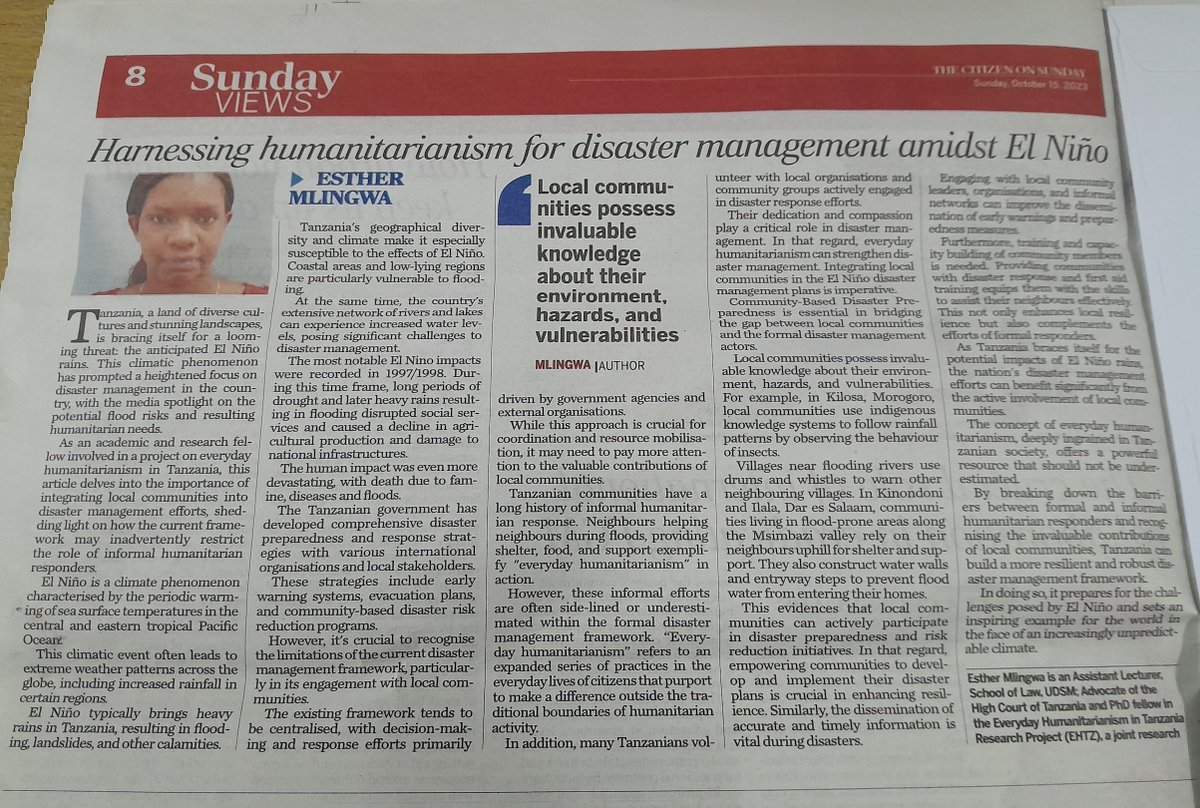 We are so proud of our PhD researchers' work as #public #intellectuals in #Tanzania Here <a href="/EstherMlingwa/">Esther Mlingwa</a> writes <a href="/TheCitizenTz/">The Citizen Tanzania</a> about everyday humanitarianism in disaster management from her legal research with #communities preparing for #ClimateCrisis @DFC_Fellowship <a href="/UdsmGeography/">Geography_UDSM</a>