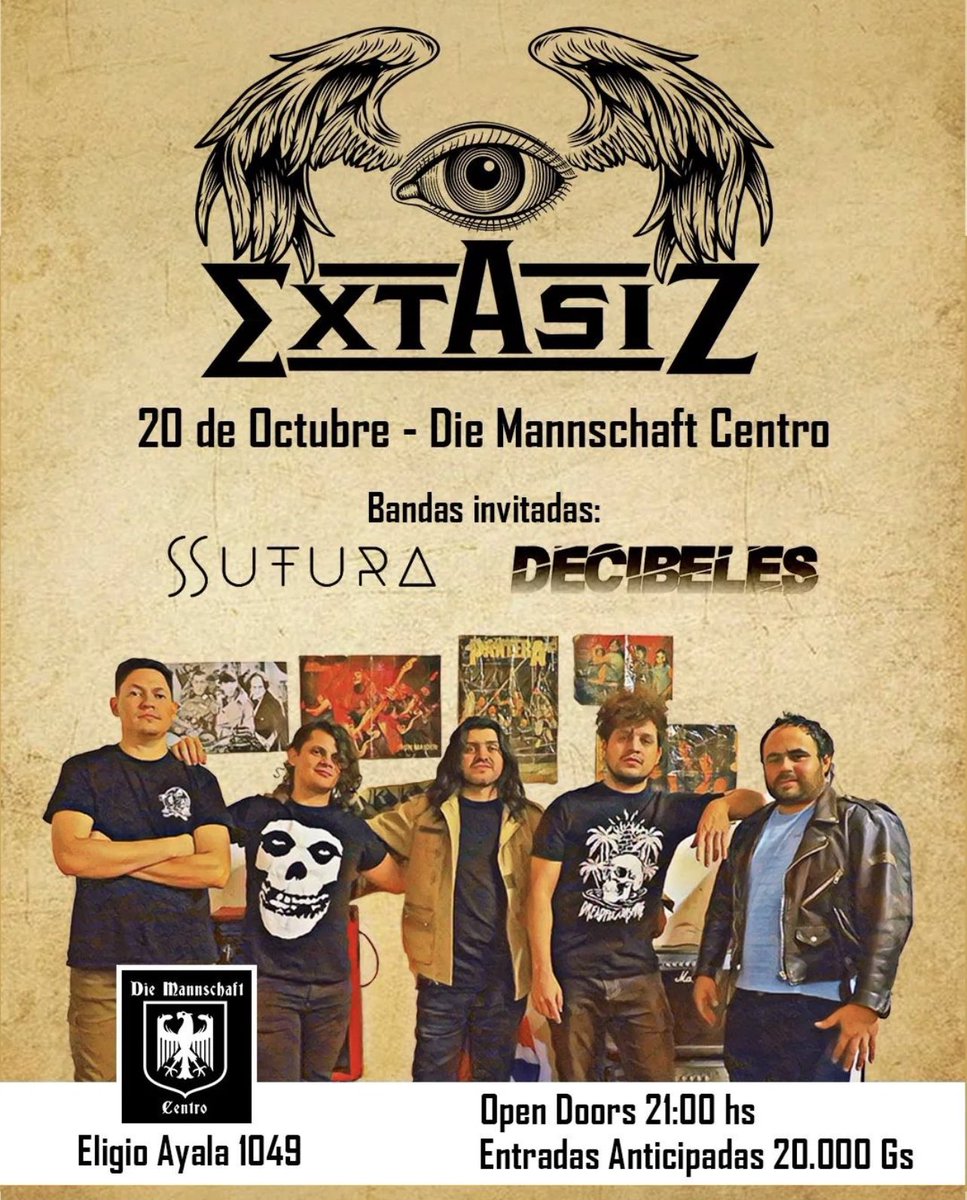 ESTE VIERNES 20/10 en el CENTROOOO se viene ROCK NACIONAL con <a href="/extasiz_py/">EXTASIZ</a> junto a @suturapy &amp; <a href="/decibelespy/">decibelespy</a> en vivo 🔥🔥
📲0985596307.
🕰️ ABRIMOS 16hs.
Música en vivo arranca 22hs aprox.
Proost! 🍻🇩🇪🇵🇾 <a href="/AsajeRock/">Asaje Rock</a>
