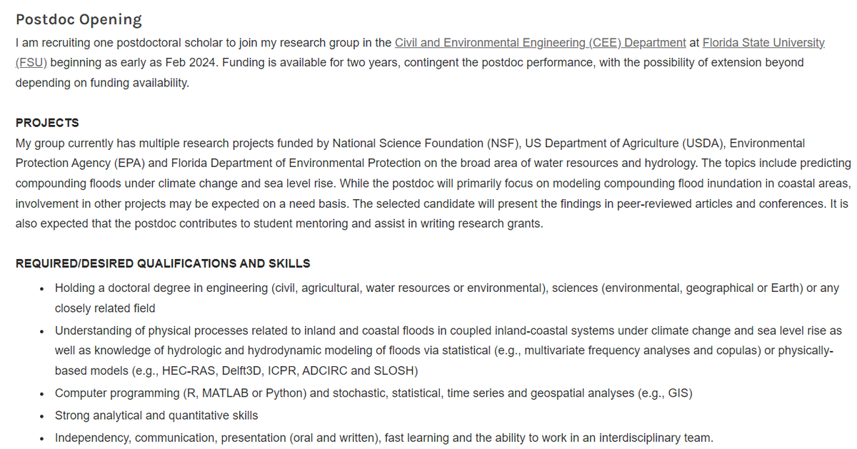 Job alert! Please RT! Looking for a #postdoc to join my team @FloridaState. The topics are inundation modeling and statistical hydrology in coastal areas. Please email your CV and a brief statement of interest to eahmadisharaf@eng.famu.fsu.edu. More info👇 eahmadis.weebly.com/opportunities.…