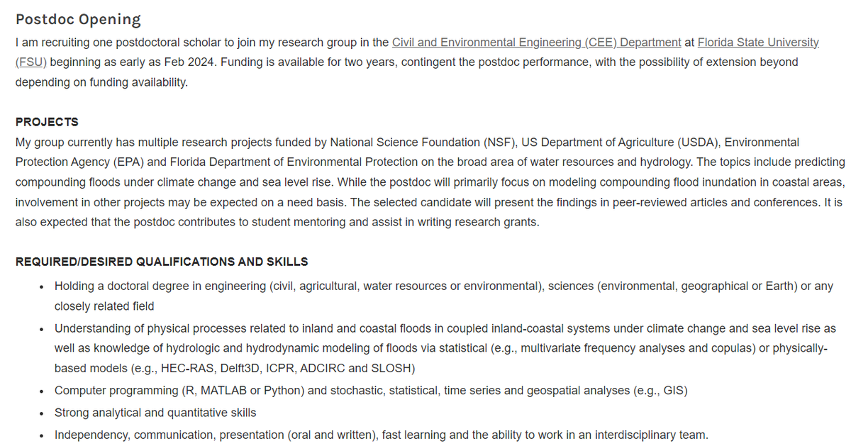 ahmadisharaf's tweet photo. Job alert! Please RT!
Looking for a #postdoc to join my team @FloridaState. The topics are inundation modeling and statistical hydrology in coastal areas. Please email your CV and a brief statement of interest to eahmadisharaf@eng.famu.fsu.edu. More info👇
https://t.co/7i8JGOPIKZ https://t.co/Bag5oaV3Lx