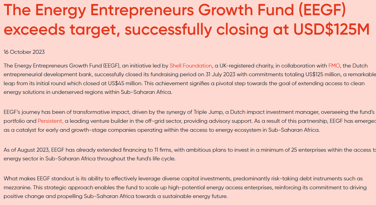 Fantastic news coming from Triple Jump! The Energy Entrepreneurs Growth Fund (EEGF) exceeds it's target, successfully closing at USD$125M! The #ShellFoundation, <a href="/FMO_development/">FMO - Dutch entrepreneurial development bank</a> , and <a href="/TEAEnergyAccess/">TransformingEnergyAccess</a> created the EEGF, which is managed by <a href="/TripleJumpNL/">Triple Jump</a> and <a href="/PersistentEnrg/">Persistent</a>, to