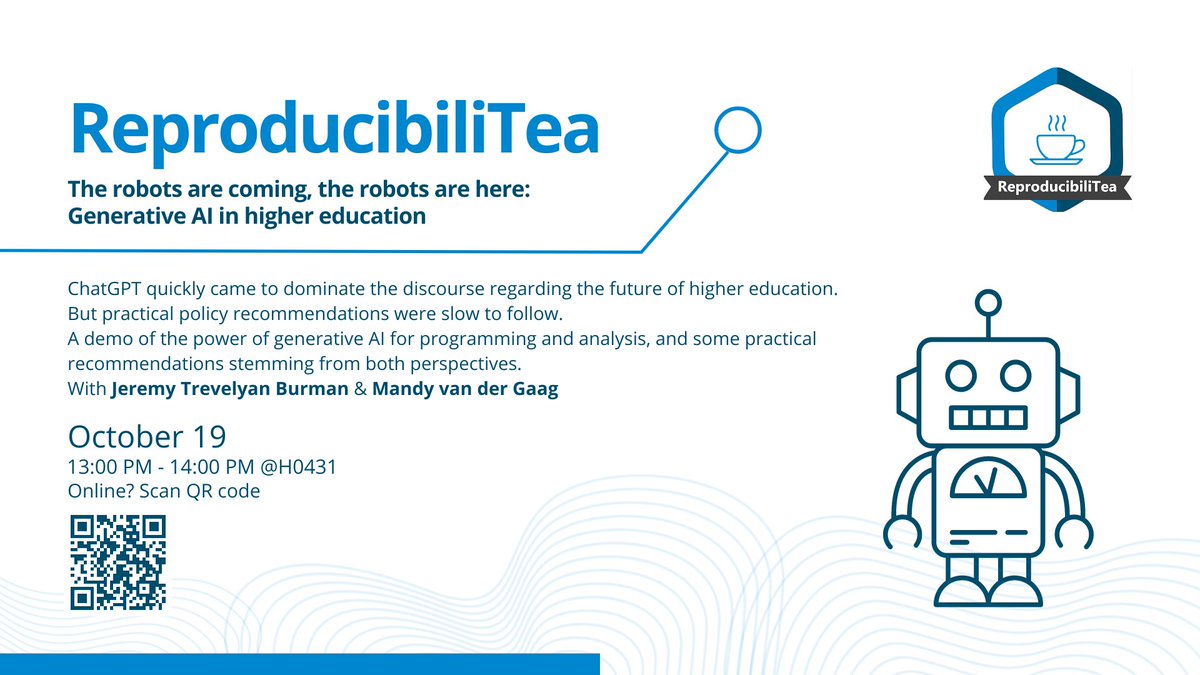 This Thursday, Oct. 19 from 1-2pm, we'll discuss Generative AI in higher education together with <a href="/BurmanPhD/">dr J.T. Burman 🎓</a> and Mandy van der Gaag. 

Join us for another exciting and interesting ReproducibiliTEA!