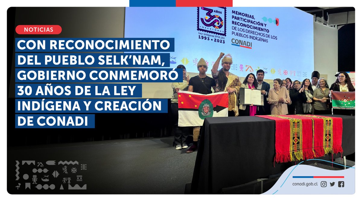 Con reconocimiento del pueblo #Selknam, <a href="/GobiernodeChile/">Gobierno de Chile</a> conmemoró 30 años de la Ley Indígena y creación de #CONADI - Más información en cutt.ly/2wQsNXDh #30añosCONADI