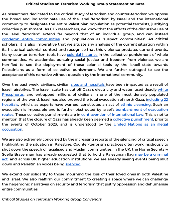 As critical scholars of terrorism, we are deeply concerned about the broad use of "terrorism" as a label to justify collective punishment in #Gaza and #Palestine.  Our thoughts are with those affected and mourning at this time.