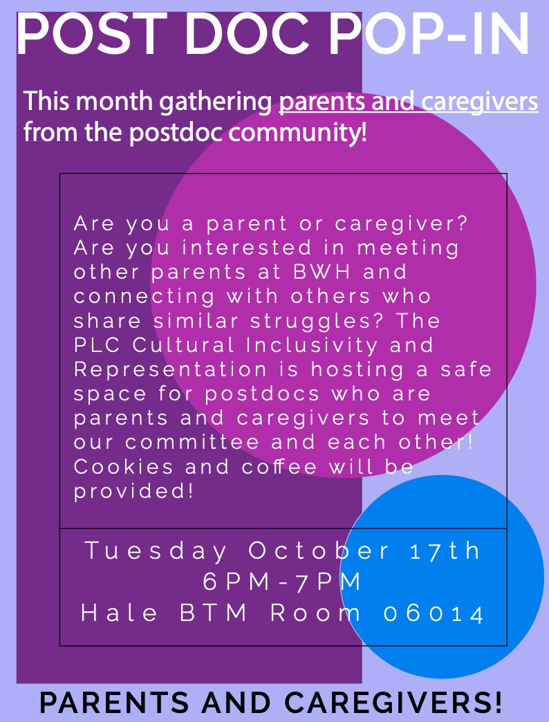PLC Cultural Inclusivity and Representation is hosting postdocs who are parents and caregivers to meet our committee and each other!