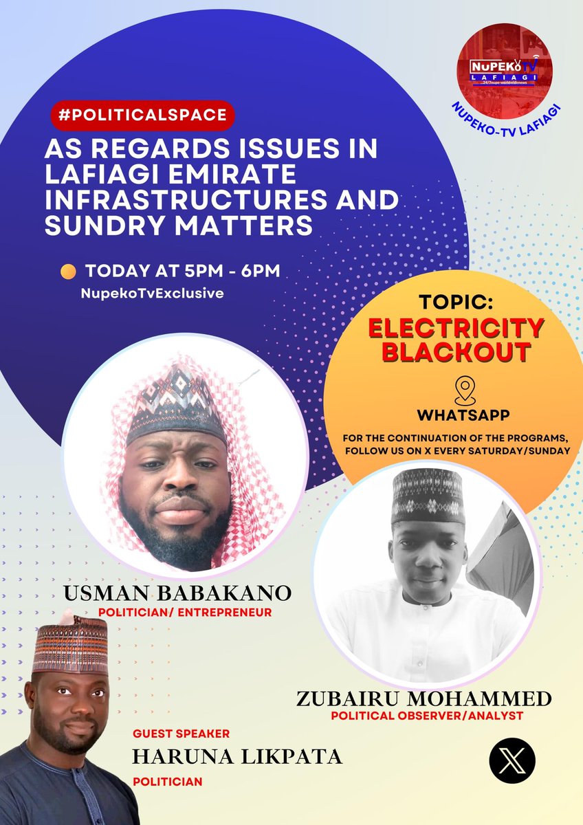 nupekotv's tweet photo. *Brief summary of NupekoTV #PoliticalSpace program on issue of Electricity Blackout*

#NupekoTvPoliticalSpace

*Moderators*: 

*Ahmed Usman Babakano*
*Zubair Mohammed* 

*Guest Speaker Comment/ Recommendations*

*Haruna Likpata*-

* Suggested that Laddu leadership in conjunction with the Lafiagi Emirate Council constitute a high powered delegation with priority to government for onward engagement.

* Lamented lack of ability for small businesses  to thrive in the community 

*Recommended that the community to be persistent with the government on the major infrastructure LAFIAGI Emirate requires is electricity for a whole budget year cycle to resolve the issue of Electricity for the long term. 

*KeyNote Speakers Comments and Recommendations*

*Dr Manzuma Ndaba (Abuja Laddu Chairman)*-

*Consistent engagement and agitation to the state government to as a matter of urgency priority critical infrastructures, he urged The Lafiagi Emirate to engage our senators and H.o.R member to lobby for these critical projects to be included in supplementary budget which is currently ongoing.

* He made reservations on how community advocacy by commuinity members should not be seen as an attempt by our Elders to undermine them or confront them neither is it to make them look bad to the government or paint them in bad light only to seek for lasting solutions to the quagmire.

*Ya Nma Doka(Police Officer)*-

*Lamented greatly how lack of electricity has grounded his multimillion naira water bottling factory project in Lafiagi.

* Was bittered about how this issue is gradually killing small business and ability to create employment in the community

*Nasara- (lagos Laddu Chairman)*

* Recommended a fresh and thorough investigation of the current day situation of Electricity with a view to finding lasting solutions. 

*Noted the Current turnaround figure of 200 million naira is not feasible and suggests a temporary option to be pursued why working on the Long term solution. 

*Encourage more genuine community engagement to bring the attention of the Government to the issue.

*Lamented how bad business are folding up due to same electricity issue.

*Usman Babakano*

*Recommends an immediate and viable plan on the short term solution be put in motion to reduce the current suffering

* Constitution of a technical committee was highly suggested to liaise with Laddu and  the traditional institution

*Zubair Mohammed*

* Spoke on the findings for short term solution with reference to an independent assesment previously carried out which states the current wires and conductors from Lafiagi to tsaragi have been found to be substandard.

*Illegal connections to gamalegi and other communities was also sighted as a serious source of concern.

*Understaffing of IBEDC Lafiagi office with  casual workers who are unwilling to work because they survive in internal revenue generated which is non existent due to lack of power supply to the community.

*In complete support of a viable short term solution to improve electricity 

*Conclusion* the Recommendations should be pursued with urgency through partnership with relevant stakeholders through partnership with both Laddu and the Emirate to pursue both the long and short term plans.

*Nb; Next program on Water Scarcity and looming drought will  be broadcasted on Twitter Space to accommodate some of our community members who could not join due to limited audience space.*

#NupekoTvPoliticalSpace