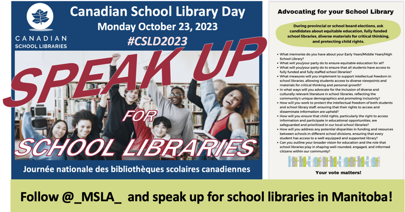 CdnSchoolLibrar's tweet image. One week from #CSLD2023 we shine a spotlight on the AMAZING advocacy campaign from @_MSLA_. They are standing up for school libraries!