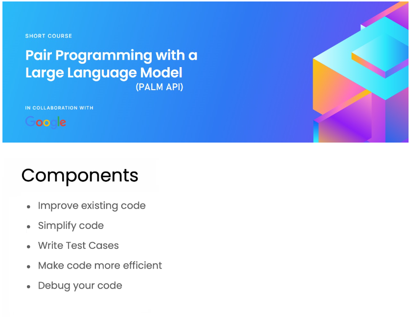 arslanchaos's tweet image. Just finished the course on "Pair Programming with a LLM" by using the PaLM-API by @DeepLearningAI Aside from code generation it involved test-cases, debugging, pythonic code and documentation.
Notes on GitHub:
github.com/ArslanKAS/Pair…
#PaLMAPI #LLM #generativeai