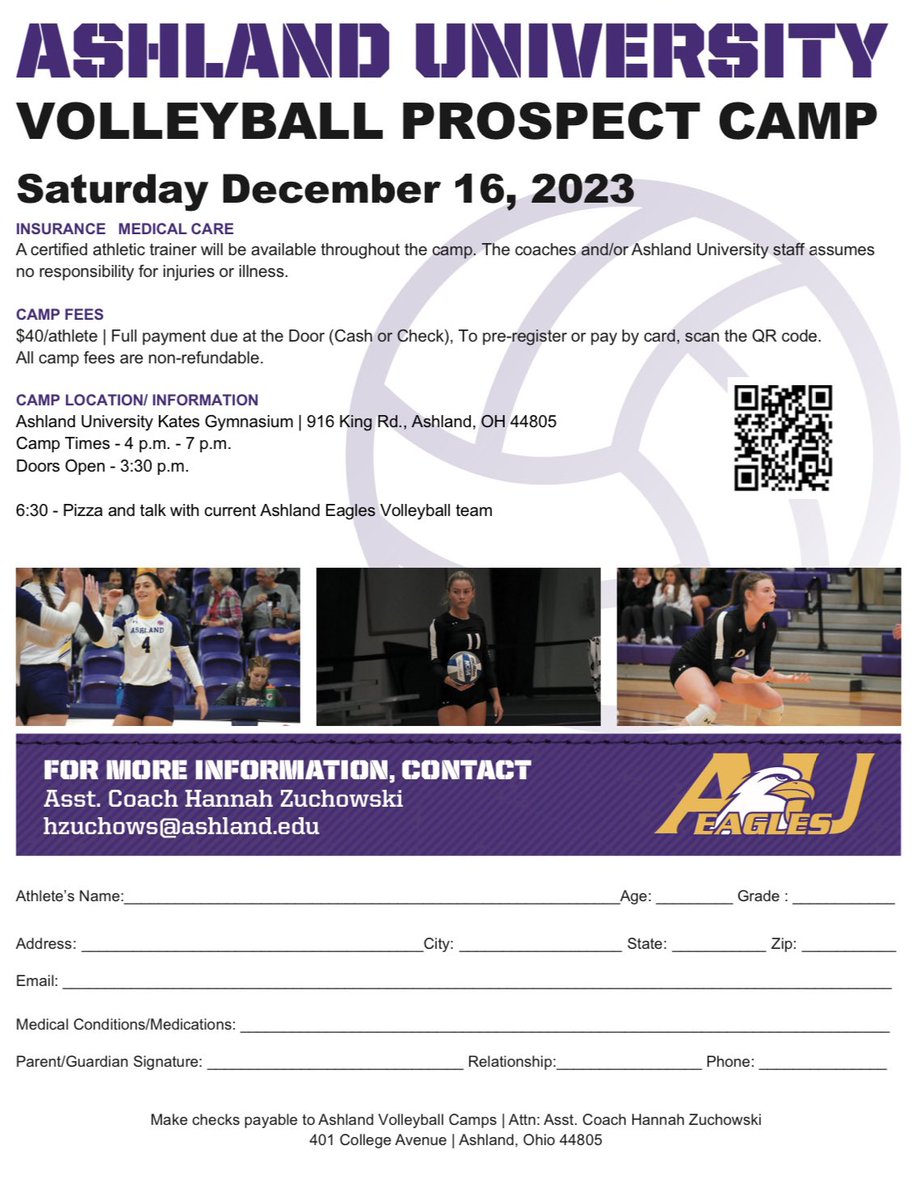 Hey Eagle Nation! 

On December 16th we will be having a Prospect Camp here at AU from 4-7. Come be in the gym with us and get to know our program. To register you can either scan the QR code, head to our camp website or click the link in our bio!! Hope to see you there! 🦅🏐