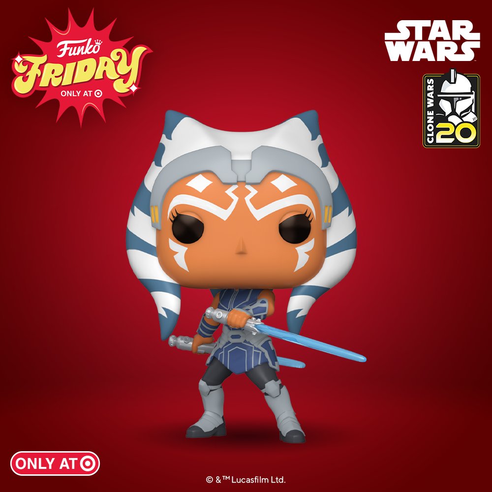 Funko's tweet photo. ICYMI: Make space for a stellar new addition. Target Exclusive Pop! Ahsoka Tano™️, from STAR WARS: THE CLONE WARS™️ wields two Lightsabers™️. Celebrate the 20th anniversary of this series and pre-order this bobblehead today. https://t.co/X4tjBBMZA2 #TargetFunkoFriday #FunkoPop https://t.co/JJ9YxICXI6