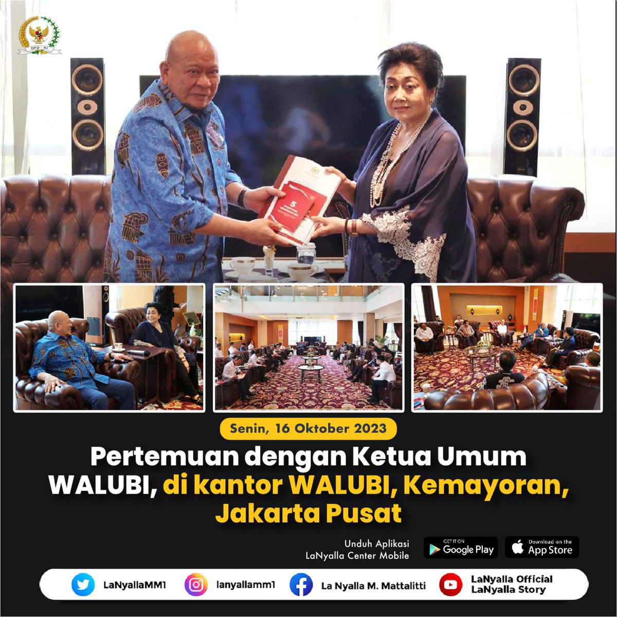 LaNyallaMM1's tweet photo. Dalam pertemuan dengan Ketua Umum Perwakilan Umat Buddha Seluruh Indonesia (WALUBI) beserta jajarannya di kantor WALUBI, Kemayoran, Jakarta Pusat.
#lanyalla #dpdri #ketuadpdri #walubi #uud1945 https://t.co/gFEPLBfjkg