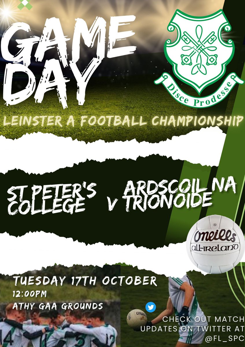 FL_SPC's tweet photo. Best of luck to our senior footballers who begin their Leinster A Football championship with an away fixture to Ardscoil na Trionóide, Athy. Throw in is at 12.00 at the Athy GAA grounds. 🟢⚪️ https://t.co/PfL8j6PQLG
