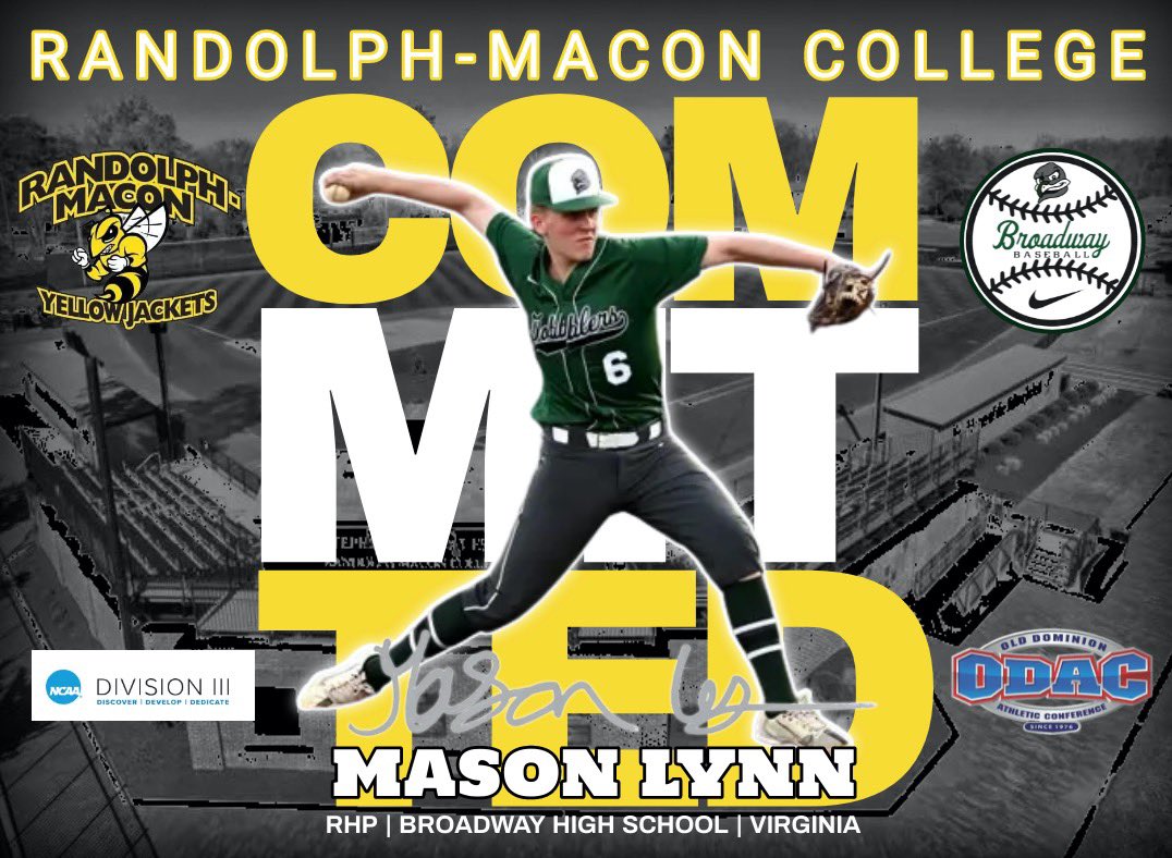 MASONLYNN8's tweet photo. I am extremely thankful and blessed to announce that I will be continuing my academic and athletic career at Randolph-Macon College. I would like to thank my family and coaches that have helped me along the journey.  Go Yellow Jackets !!
@BwayBaseballVA 
@valleybsblscout https://t.co/wCNldp22lL