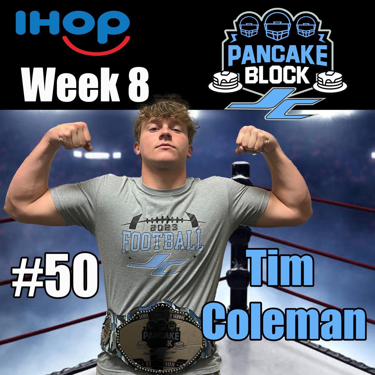 JCJetsFootball's tweet photo. Our Week #8 Winner of the JC Offensive Line @ihop_al Pancake Block Belt
Class of 2025 is Center and Longsnapper #50 Tim Coleman.
Congrats Tim! #TBONE https://t.co/DDqPGZQjnw