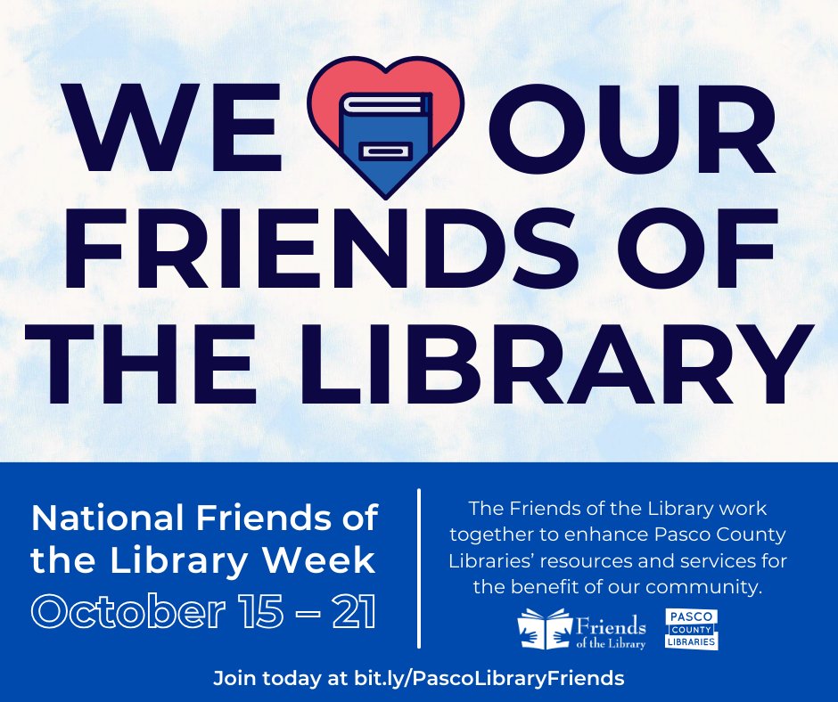 PascoLibraries's tweet image. It's #NationalFriendsoftheLibraryWeek! ❤️ We'd like to thank all of our Friends groups for their outstanding dedication. They help make our library system so great. Interested in becoming a Friend? Visit your local branch or bit.ly/PascoLibraryFr…. #NFOLW23 #LibraryFriends #PCLS