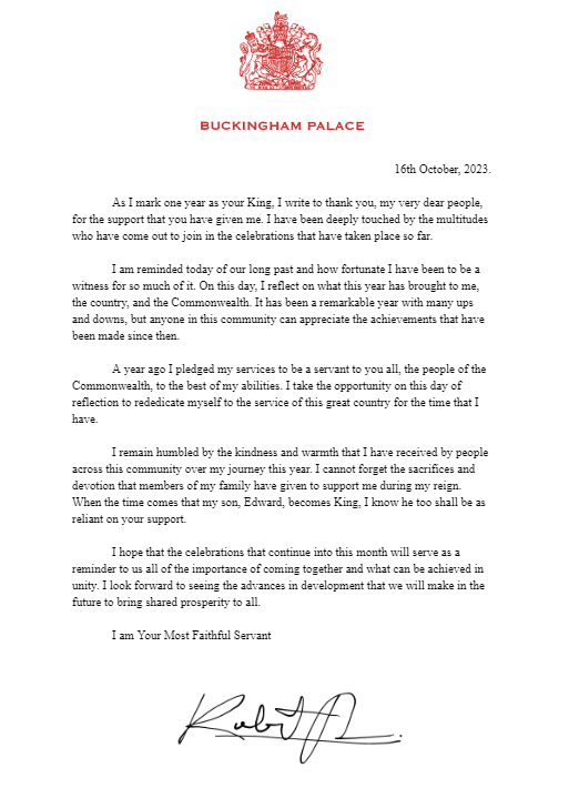 ✍️On his one year anniversary of the Accession to the throne, The King has written a message thanking the public for their support and looking forward to the Jubilee celebrations over the rest of the month.