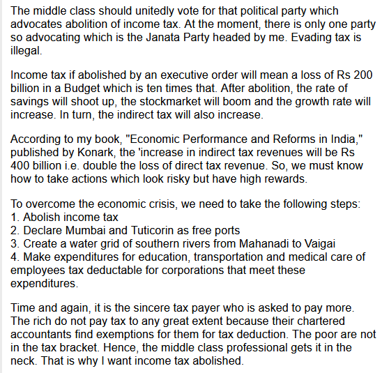 janataparty1977's tweet photo. 2002: In a budget analysis article in Rediff, Dr. Swamy suggested abolishing Income Tax. 
@Swamy39 https://t.co/iLod8s4qQ5