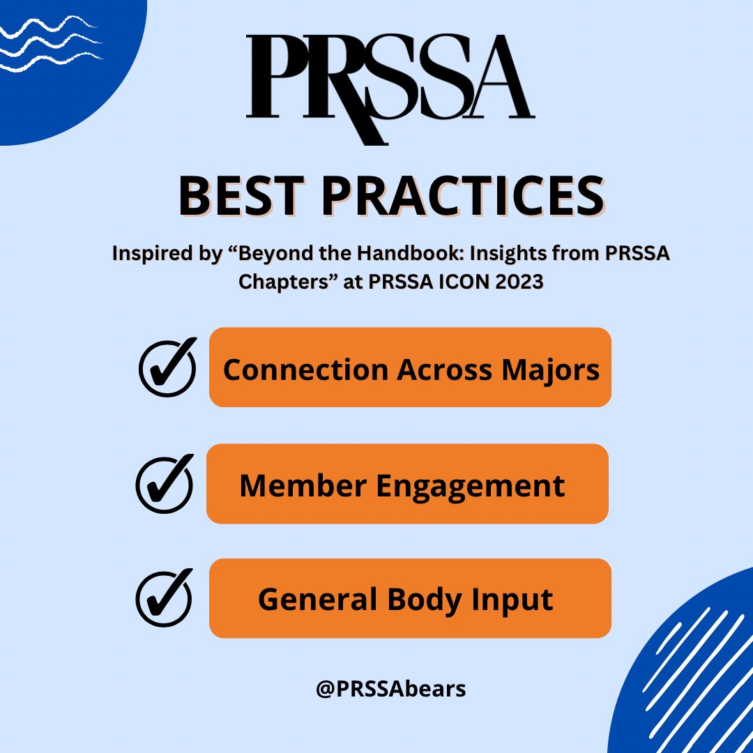 PRSSAbears's tweet image. Hi Bears! Here are three best practices we hope to focus on this year, inspired by sessions at PRSSA ICON 2023! 

The most important thing is YOU! How can we help you accomplish your goals? How can we engage students that aren’t a strategic communication majors? Let us know!